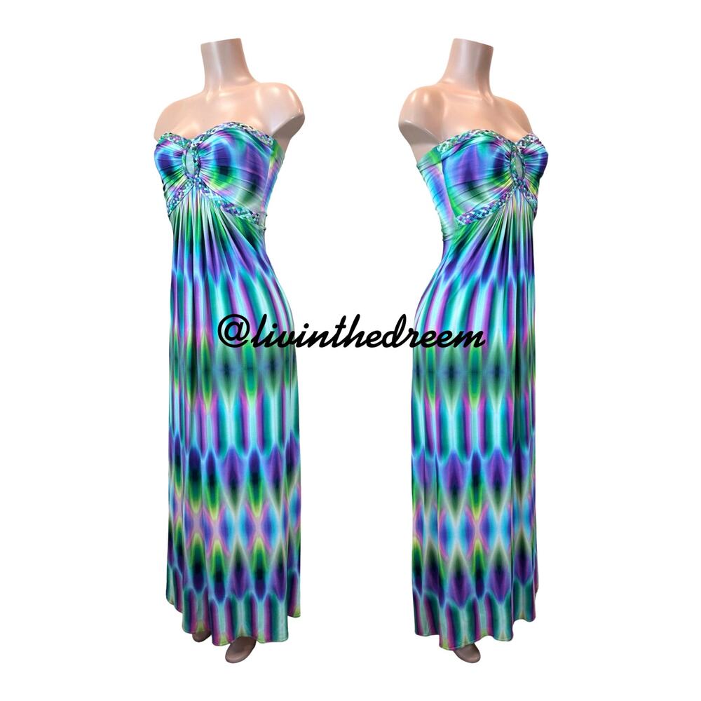 Sky Brand Saadet Embellished Braid Accent Abstract Maxi Dress SZ S - Picture 4 of 8